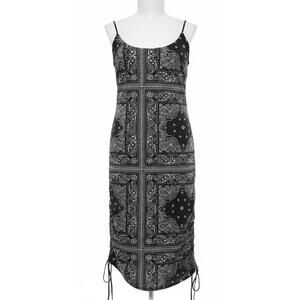 Y2K PrettyLittleThing Dress 6 Black White Paisley Cami Slip Ruched Sides Boho